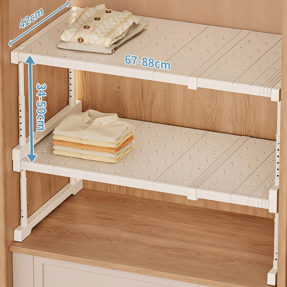 Shipshape 옷장 레이어드 높이조절 길이조절 칸막이 싱크대 하부장 정리 수납 선반 신발걸이 적층형 정리대, 1개, 화이트(47~68x42x34~50)cm할인 상세 이미지 1